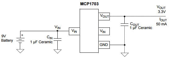 Typical Application for MCP1703 250 mA, 16V, Low Quiescent Current LDO Regulator