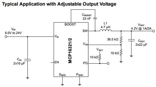 Typical Application with Adjustable Output Voltage for MCP16322 24V Input, 2A Output, High Efficiency Synchronous Buck Regulator with Power Good Indication