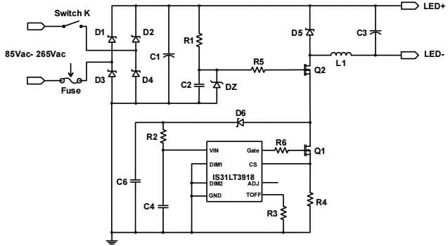 Typical Application for IS31LT3918 High Voltage LED Lighting Driver With Switch Dimming