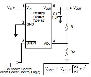 Typical Application for TC1187 50mA, 100mA and 150mA Adjustable CMOS LDOs with shut-down