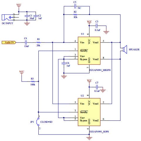 IS31AP4991-GRLS2-EB, Demo Board for the IS31AP4991A, 1.1W Class-AB Audio Power Amplifier with Active-Low shut-down Mode