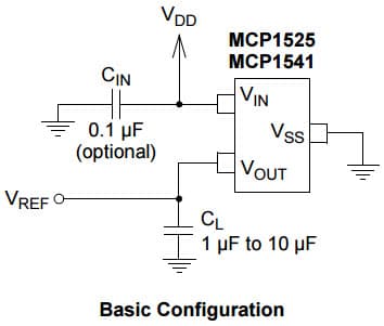 Typical Application for MCP1525, 2.5V and 4.096V Voltage Reference Basic Configuration