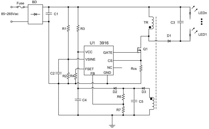 Typical Operating non-Isolated Circuit for IS31LT3916 Offline LED driver with active PFC and primary side sensing