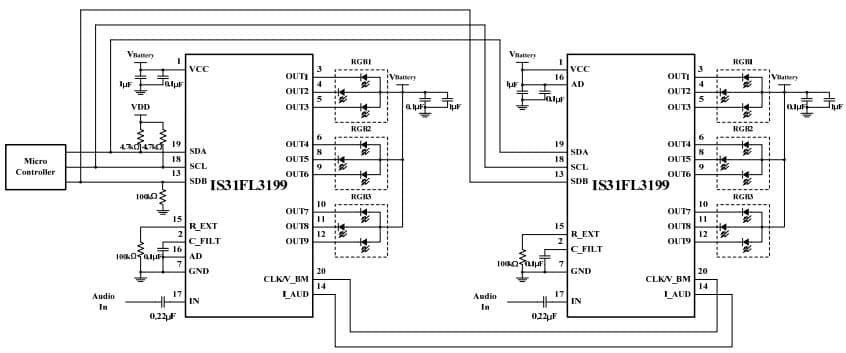 Typical Application Circuit (Cascade Mode) for IS31FL3199 9-Channel Light Effect LED Driver