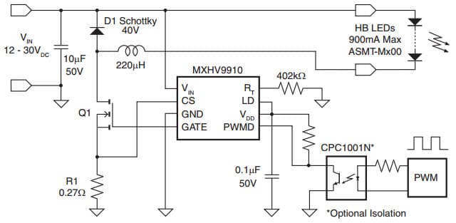 Typical Buck Driver for PWM Dimming Application Circuit for MXHV9910BETR Off-Line, High Brightness LED Driver