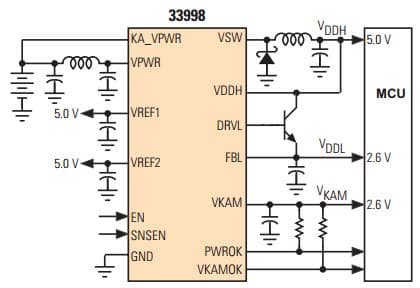 Simplified Application Diagram for MC33998 Switching Power Supply with Linear Regulators