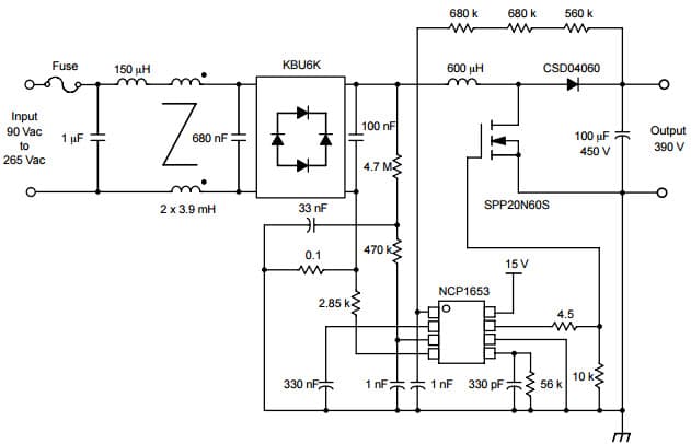 Typical Application Schematic for NCP1653P 300W, 100kHz Power Factor Correction Circuit