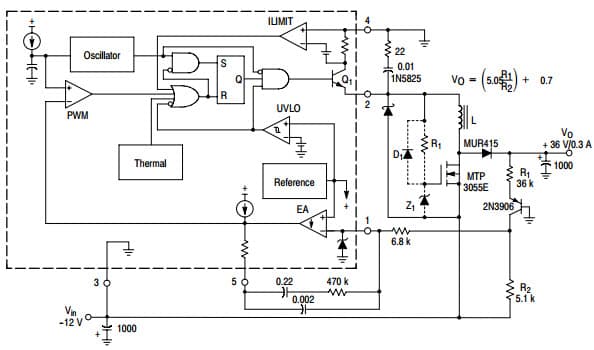 Typical Application for MC33167 5A Negative-Input, Positive-Output Regulator