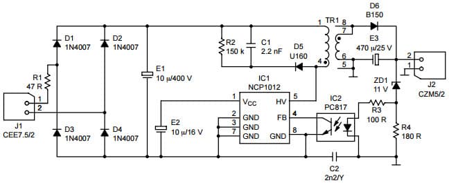 Typical Application for NCP1010 Based Flyback Converter Delivering 6.5W