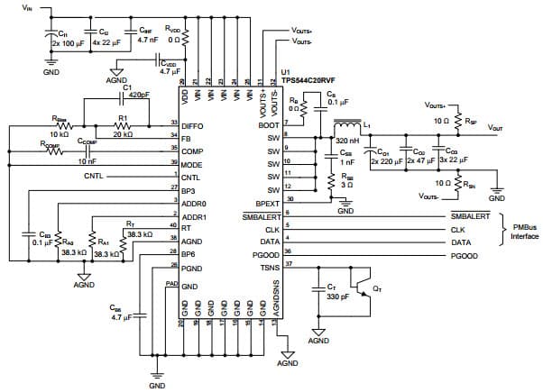 Typical Application Circuit for TPS544C20 4.5V to 18V Input, 1.8V Output, 30A SWIFT Synchronous Buck Converter with PMBus