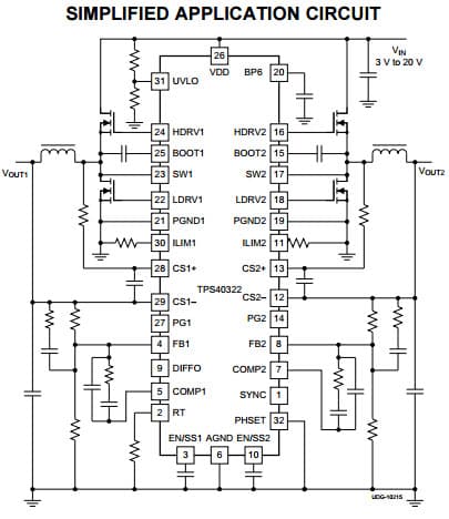 Typical Application Circuit for TPS40322 Dual Output or Two-Phase Synchronous Buck Controller