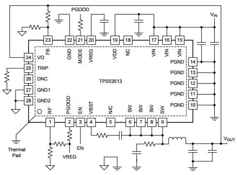 Typical Application Circuit for TPS53513 1.5 to 18 V (4.5 to 25 V bias) Input, 8-A Single Synchronous Step-Down SWIFT Converter