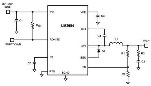 Typical Application Circuit for LM2694, 30V, 600mA Step Down Switching Regulator