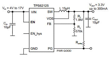 Typical Application Circuit for TPS62125 3V-17V, 300mA Step Down Converter with Adjustable Enable Threshold and Hysteresis