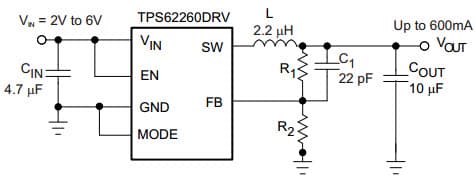 Typical Application Circuit for TPS62260, 2.25Mhz, 600mA Step Down Converter