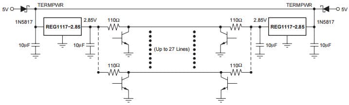 Typical Application Circuit of SCSI Active Termination Configuration for REG1117A Low Dropout Positive Regulator 1.8V, 2.5V, 2.85, 3.3V, 5V, and Adjustable