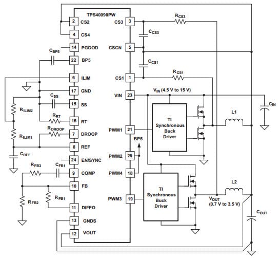 Typical Application Circuit for TPS40090 High-Frequency, Multiphase Controller