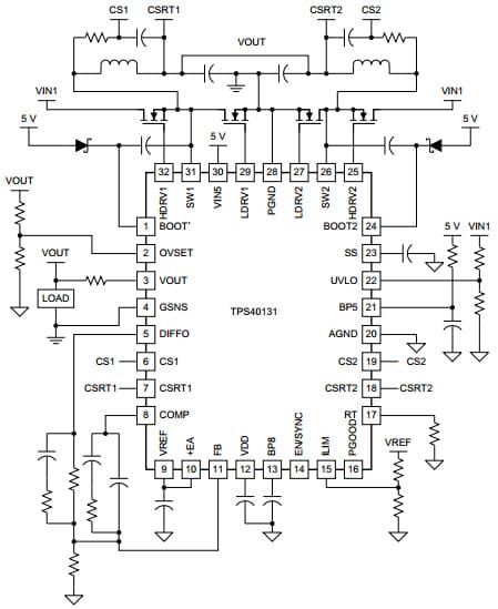 Typical Application Diagram for TPS40131 two-phase, Synchronous Buck Controller with Integrated Mosfet Drivers