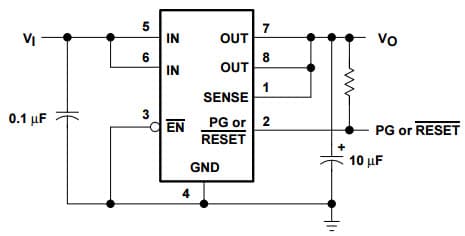 Typical Application Configuration for Fixed Output Options for TPS77133DGK, 150mA LDO Regulator with 8-Pin MSOP Packaging