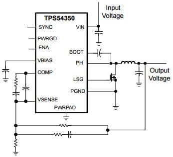 Typical Application Circuit for TPS54350 4.5V to 20V Input, 3A Output Synchronous PWM Switcher with Integrated FET