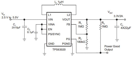 Typical Application Circuit for TPS63020 High Efficiency Single Inductor Buck-Boost Converter with 4A Switches