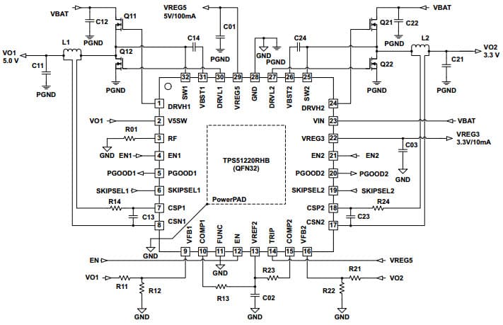 Typical Application Circuit for TPS51220 Fixed Frequency, 99% Duty Cycle Peak Current Mode Notebook System Power Controller