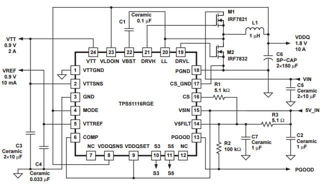 Typical Application Circuit for TPS51116 Synchronous Buck Controller, 3A LDO, Buffered Reference