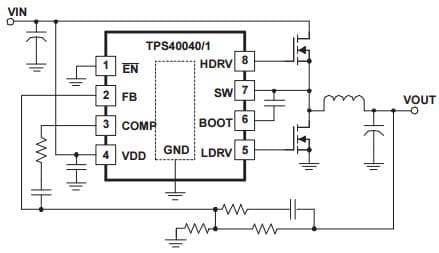 Typical Application Circuit for TPS40041 Low Pin Count, Low Vin (2.5V to 5.5V) Synchronous Buck DC/DC Controller with Enable