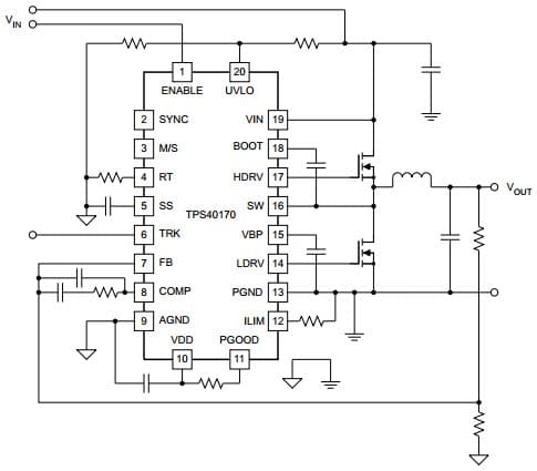 Typical Application Circuit for TPS40170-EP 4.5-V TO 60-V WIDE-INPUT SYNCHRONOUS PWM BUCK CONTROLLER