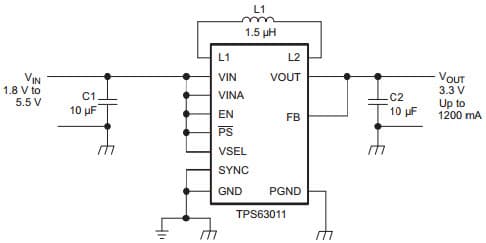 Typical Application Circuit for TPS63010 High Efficient Single Inductor Buck-Boost Converter with 2A Switches