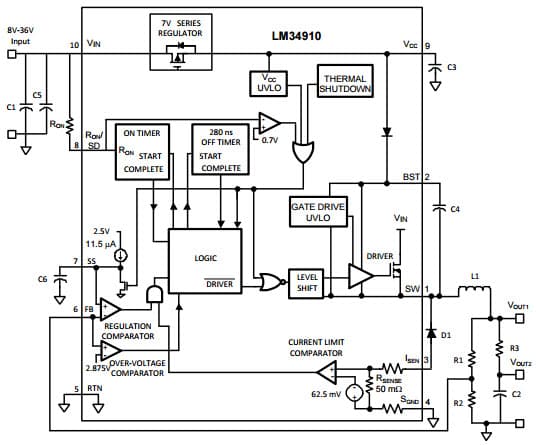 Typical Application Circuit for LM34910 High Voltage (40V, 1.25A) Step Down Switching Regulator