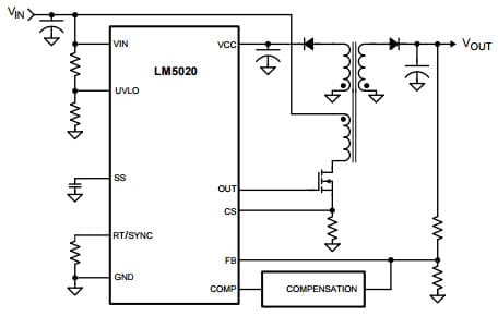 Typical Application Circuit for LM5020 100V Current Mode PWM Controller