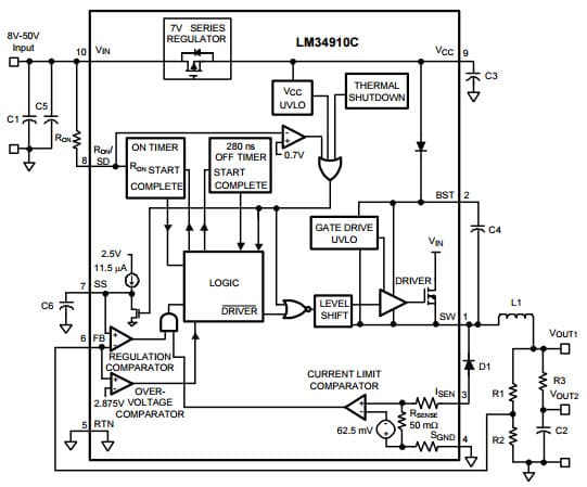 Typical Application Circuit for LM34910C High Voltage (50V, 1.25A) Step Down Switching Regulator