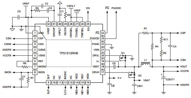 Typical Application Circuit for TPS51513 Single Phase, D-Cap+ Synchronous Buck Controller with Integrated Drivers for General IC VCORE Applications