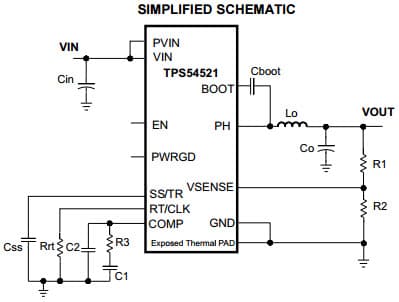 Typical Application Circuit for TPS54521 4.5V to 17V Input, 5A Synchronous Step Down Converter