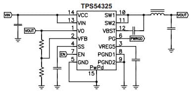 Typical Application Circuit for TPS54325 4.5V to 18V, 3A Output Synchronous Step Down Switcher with Integrated Fet