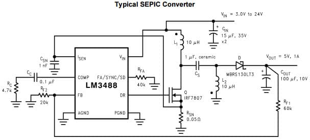 Typical SEPIC Converter Application Circuit for LM3488-Q1 High Efficiency Low-Side N-Channel Controller for Switching Regulator