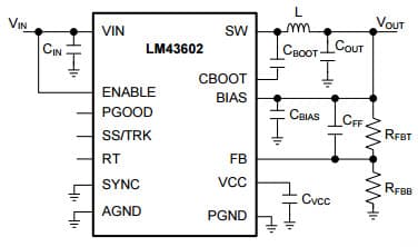 Typical Application Circuit for LM43602 Simple Switcher 3.5V to 36V, 2A Synchronous Step-Down Voltage Converter