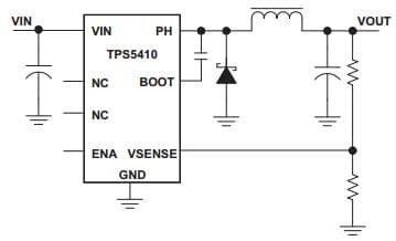 Typical Application Circuit for TPS5410, 1A Wide Input Range, Step-Down Converter