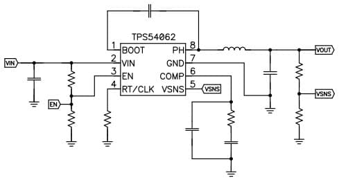 Typical Application Circuit for TPS54062 4.7V to 60V Input, 50mA Synchronous Step-Down Converter with Low IQ