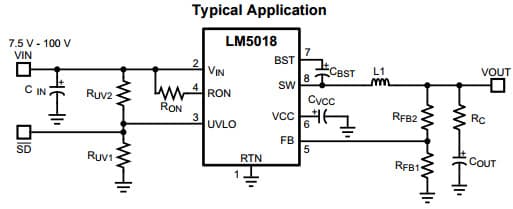 Typical Application Circuit for LM5018 100V, 300mA Constant On-Time Synchronous Buck Regulator