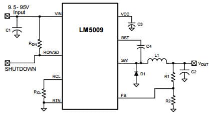 Typical Application Circuit for LM5009 150-mA 100-V Step-Down Switching Regulator