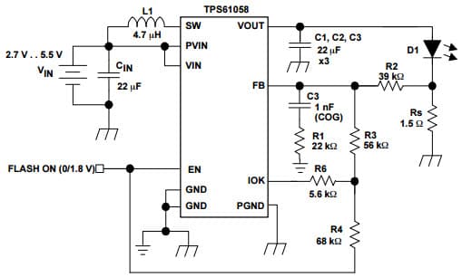 Typical Application for TPS61058 Synchronous Boost Converter with Down Mode High-Power White LED Driver for 500mA Flashlight Application - 1.8 V Logic