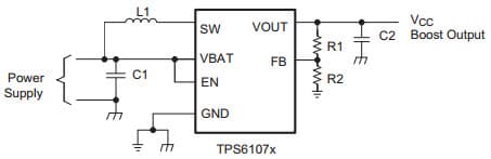 Typical Application Circuit for TPS61071 Power Supply Solution for Maximum Output Power Operating from a Single or Dual Alkaline Cell