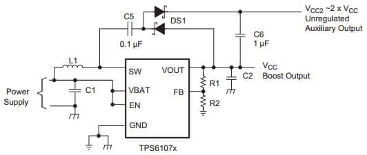 Typical Application Circuit for TPS61071 Power Supply Solution with Auxiliary Positive Output Voltage