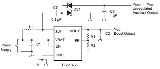 Typical Application Circuit for TPS61071 Power Supply Solution with Auxiliary Negative Output Voltage