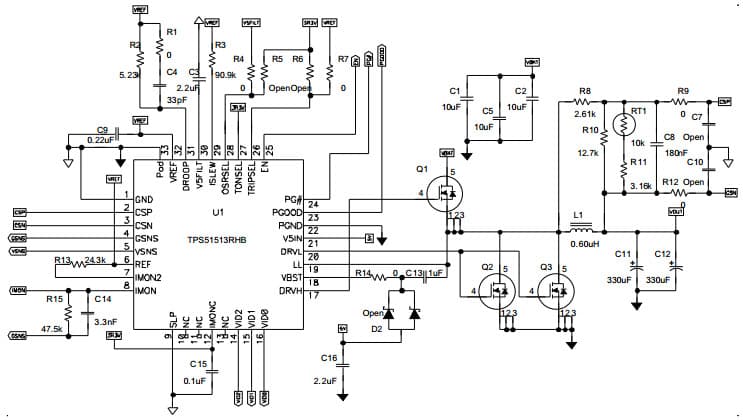 Typical Application Circuit of Inductor DCR Current Sense with Droop for TPS51513 Single Phase, D-Cap+ Synchronous Buck Controller with Integrated Drivers for General IC VCORE Applications