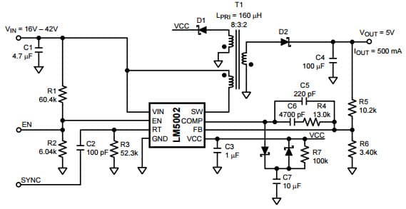 Typical Application Circuit for LM5002 Non-Isolated Flyback