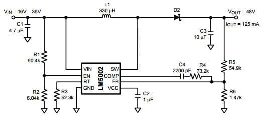 Typical Application Circuit for LM5002 High Voltage Boost Regulator