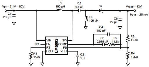 Typical Application Circuit for LM5002 12V High Voltage SEPIC Regulator